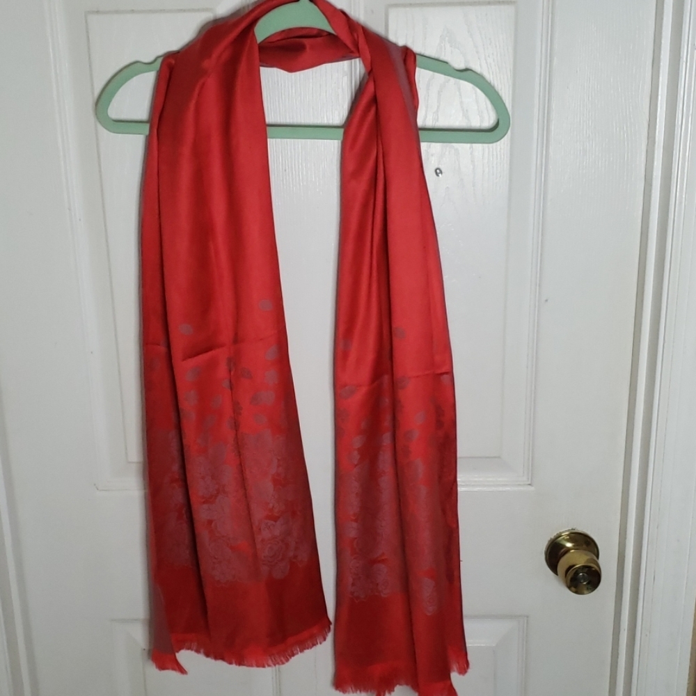 NWOT  JAPAN Red silky scarf 67" L x 21 1/2"W Christmas pop of red!